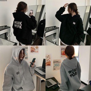 Áo hoodie tay dài dáng rộng lót lông cừu trước sau lưng thời trang thu đông