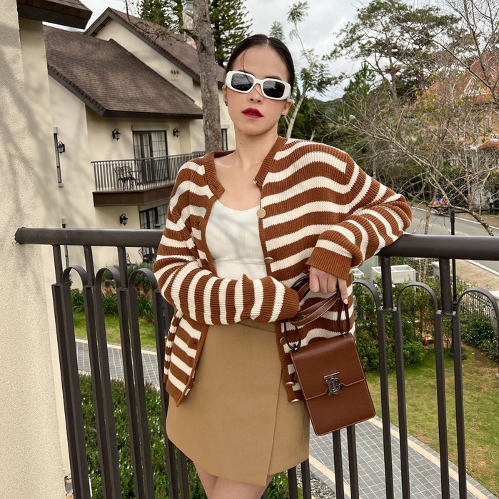 Áo khoác len nữ dáng ôm basic sọc ngang tay dài