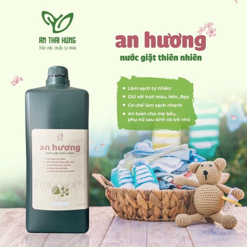Nước giặt thiên nhiên an hương  chiết xuất từ bồ hòn và chanh, an toàn cho trẻ em và da nhạy cảm.