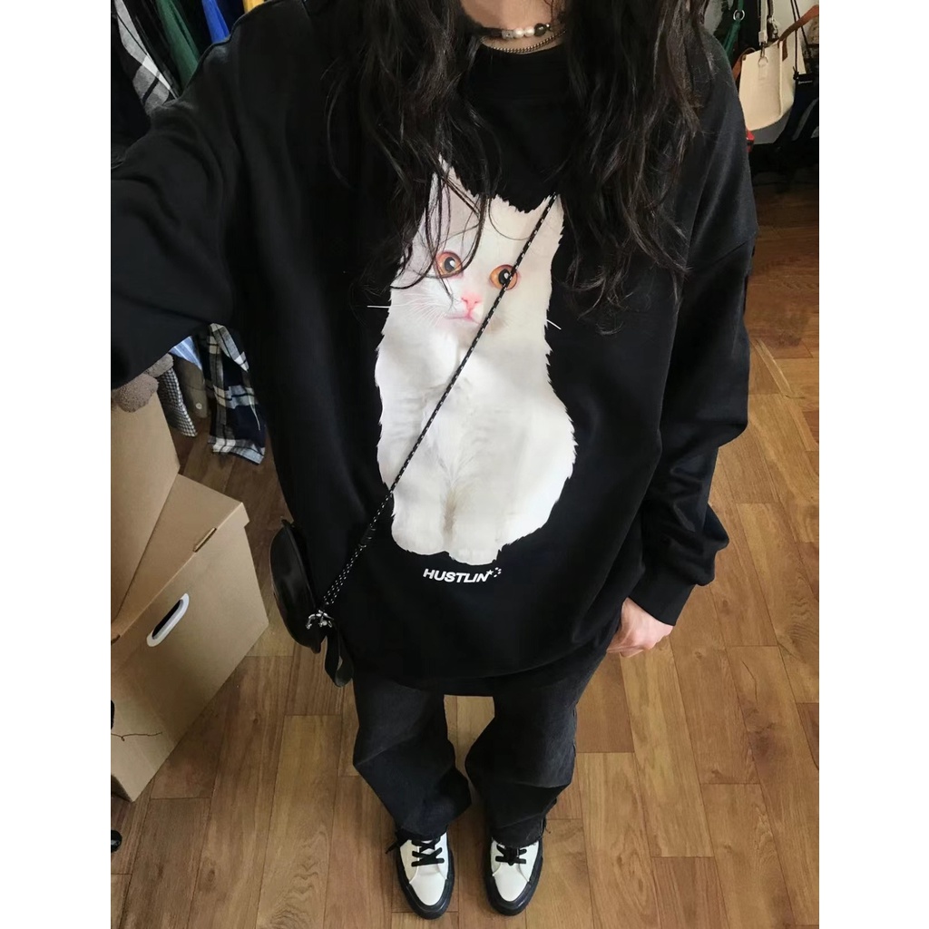 SALMO Áo Sweater in hình dễ thương con mèo trắng thời trang nữ hàn quốc oversize ulzzang 100% cotton