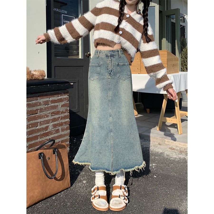 Chân váy jean đuôi cá dáng dài 2 túi ngang trước 6832/P2K3 Maia