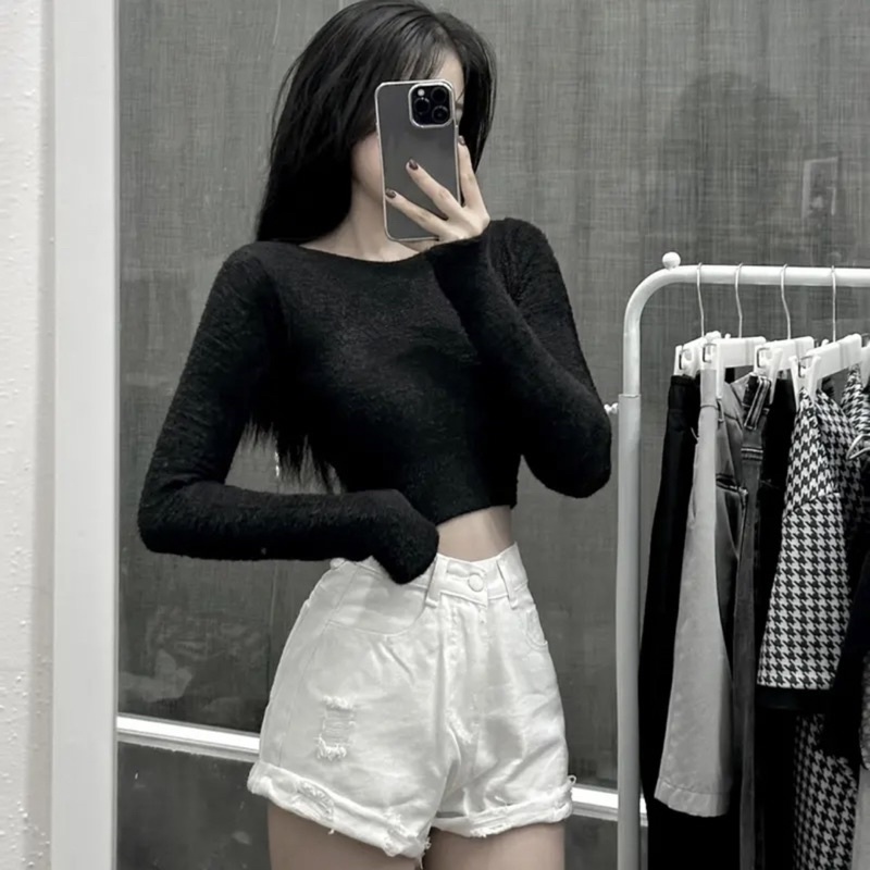ÁO LÔNG CỔ TRÒN MỀM TAY DÀI - CHIZISHOP CÓ ĐỘ CO GIÃN MỀM MỊN DÁNG CROPTOP
