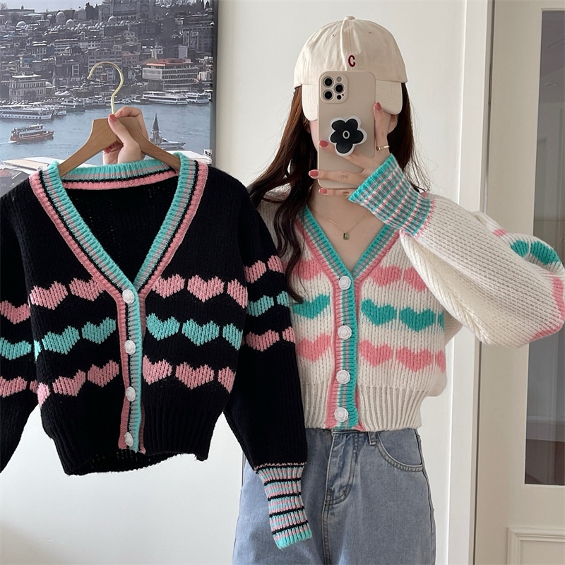Áo khoác len nữ THU ĐÔNG Cardigan dệt kim CÀI NÚT tay dài phối TRÁI TIM xinh xắn