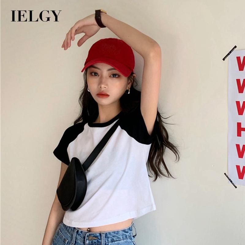 IELGY Áo Thun Ngắn Tay Màu Sắc Tương Phản Phong Cách Hàn Quốc Cho Nữ