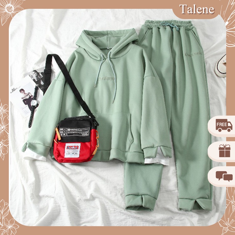 Bộ Nỉ Nữ Thu Đông Dài Tay Có Mũ Form Rộng Kèm Quần Dài Bo Gấu Ulzzang Thời Trang Talene QA NU 023V1