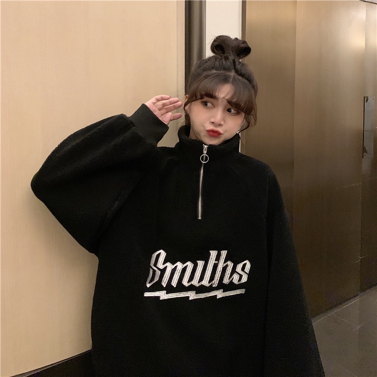 Áo sweater IELGY lông cừu phối nhung dày dặn cổ đứng thời trang cho nữ