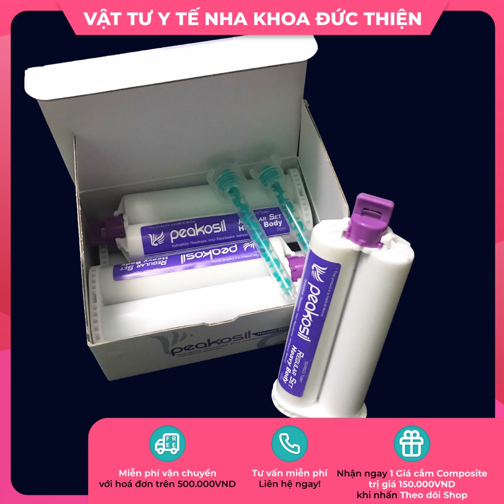 Cao su lấy dấu vành khít Peakosil Heavy Body (Tuýp đôi 50ml + 3 đầu trộn lớn) dùng súng và đầu trộn tự động - Vật tư nha