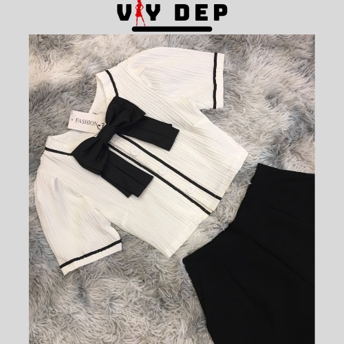 Set sơ mi nơ đen tay cọc sang chảnh