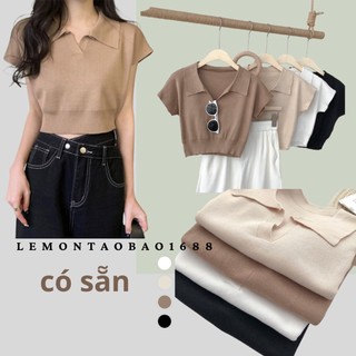 Áo crop top len cộc tay cổ bẻ co giãn cho nữ lemontaobao1688