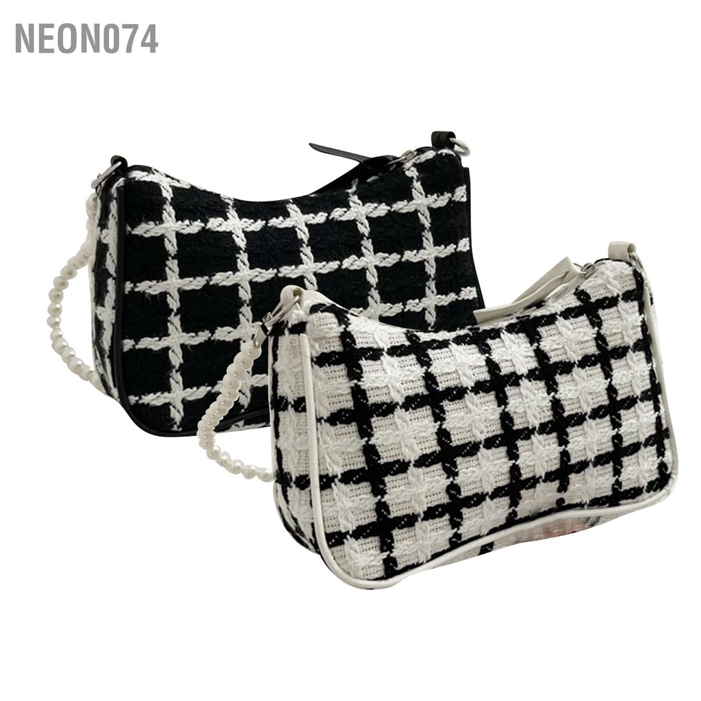 Neon074 Đơn Giản Thời Trang Kẻ Sọc Túi Đeo Vai Nữ Chuỗi Ngọc Trai Giả PU Cho Công Việc Văn Phòng
