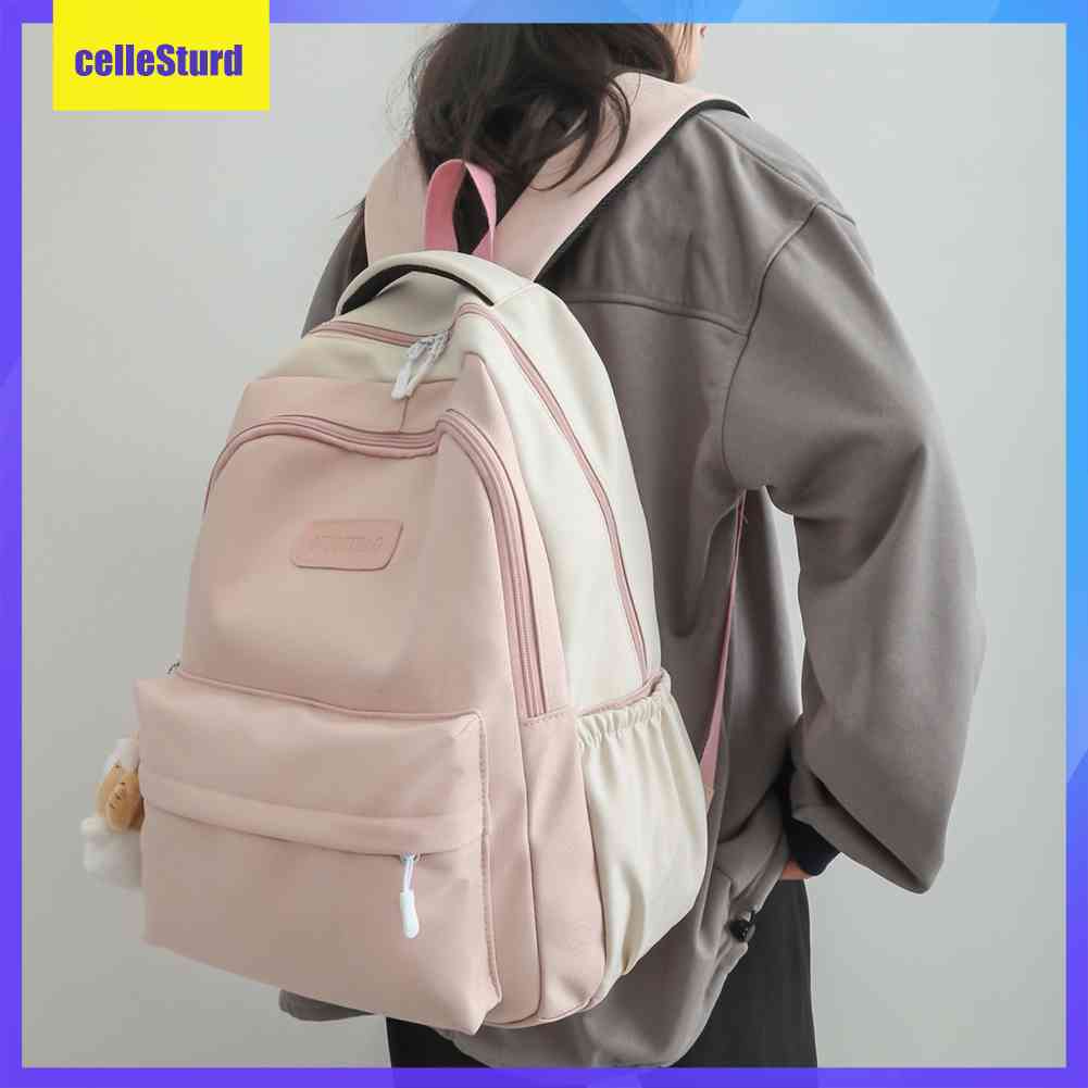 ★ Cellesturdurd ★ Ba Lô Vải Nylon Sức Chứa Lớn Nhiều Túi Kèm Móc Khóa Hình Thú Bông Dễ Thương Thời Trang Cho Nữ