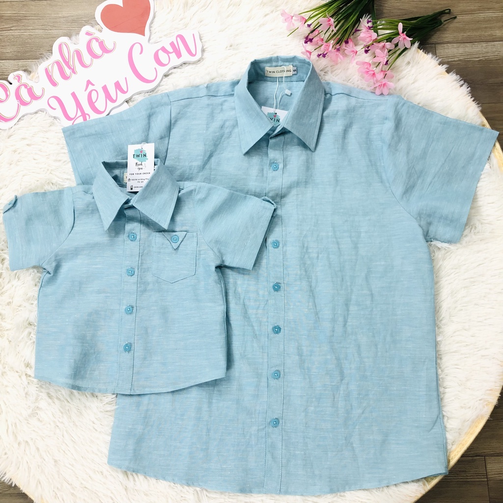 Áo bé trai linen xanh, thời trang thiết kế cho bé đi chơi dạo phố, hàng cao cấp (Kèm set gia đình linen xanh)/ Mã SP020