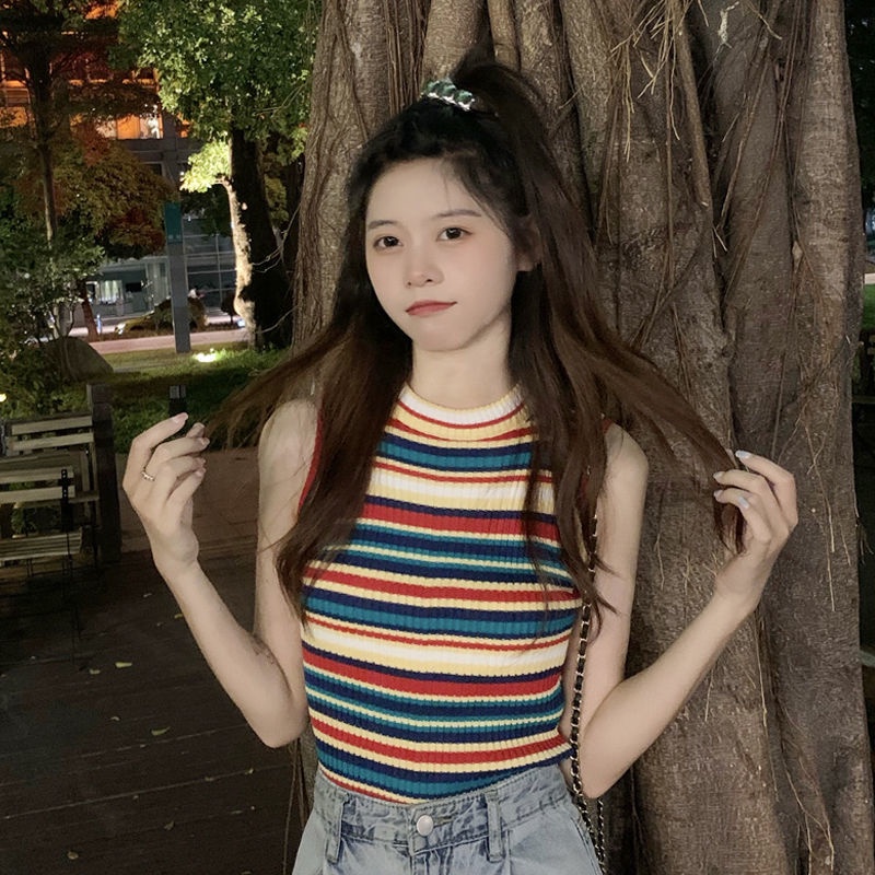 Áo Tank Top Dệt Kim Kẻ Sọc Cầu Vồng Thời Trang Mùa Hè 2022 Cho Nữ
