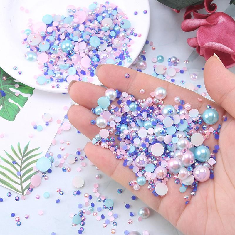 Khay Ngọc Trai Nửa | 12 Màu Xà Cừ Cầu Vòng Mix Đá | Trang Trí Móng