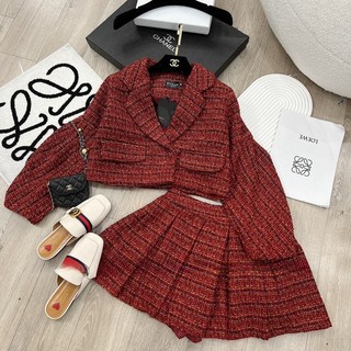 Set Dạ Đỏ Mix Chân Váy Xếp Ly
