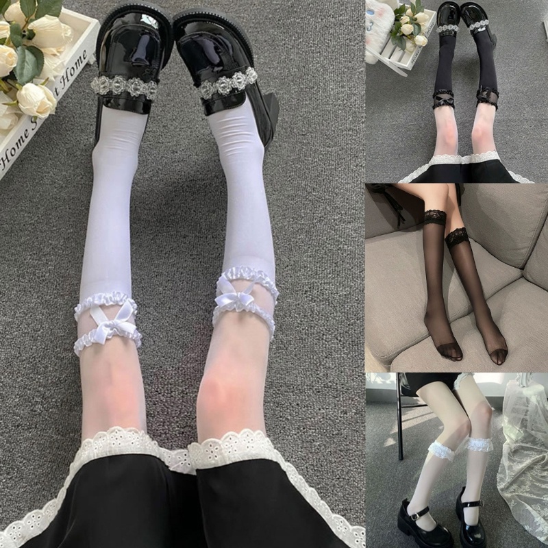 Vớ Dài Ngang Bắp Chân Bằng Lụa Phối Ren Đính Nơ Phong Cách Harajuku Nhật Bản Ngọt Ngào Mùa Hè