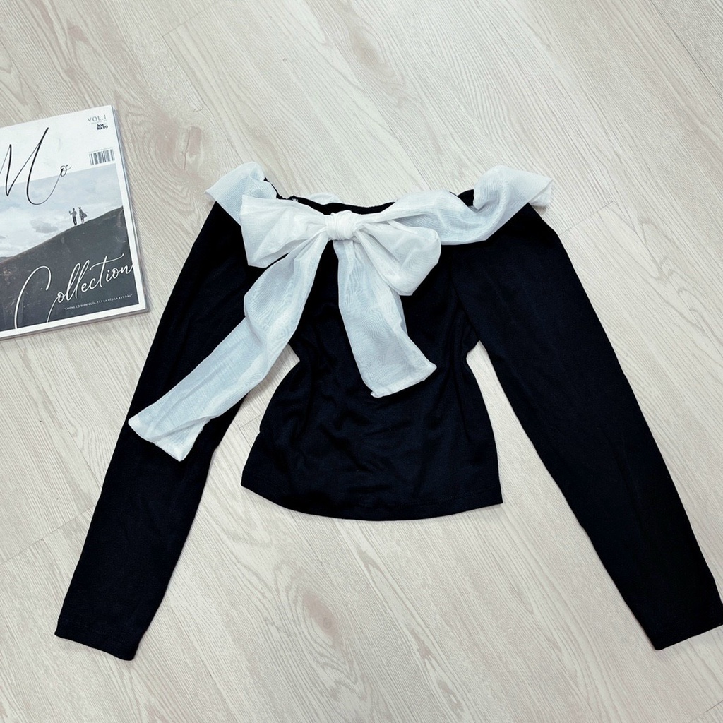 Áo kiểu bẹt vai viền voan nơ ngực tay dài cực hot , chất thun bozip dày dặn mềm mát