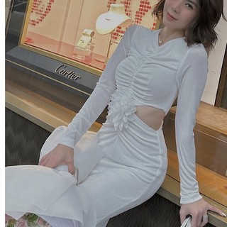 váy maxi nhún kết hoa eo