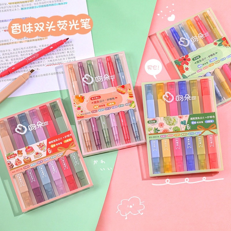 Set 6 bút highlight thân vuông 2 đầu Lonita bút nhớ màu pastel dễ thương BH04