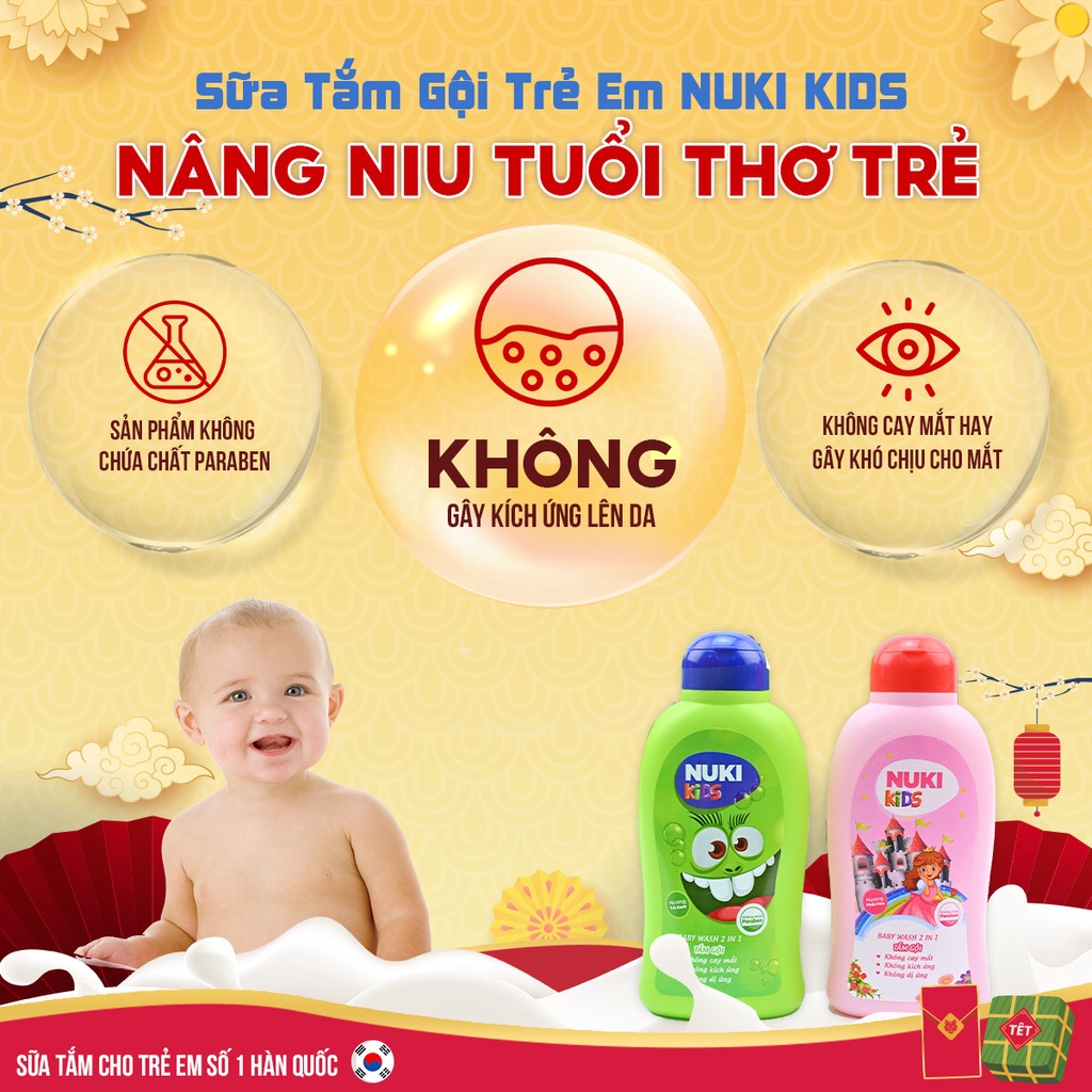 Sữa Tắm Gội Trẻ Em Nuki Kids Từ 0 Tuổi 200ml Hương Thơm Dịu Nhẹ,Không Chứa Paraben và Không Gây Cay Mắt