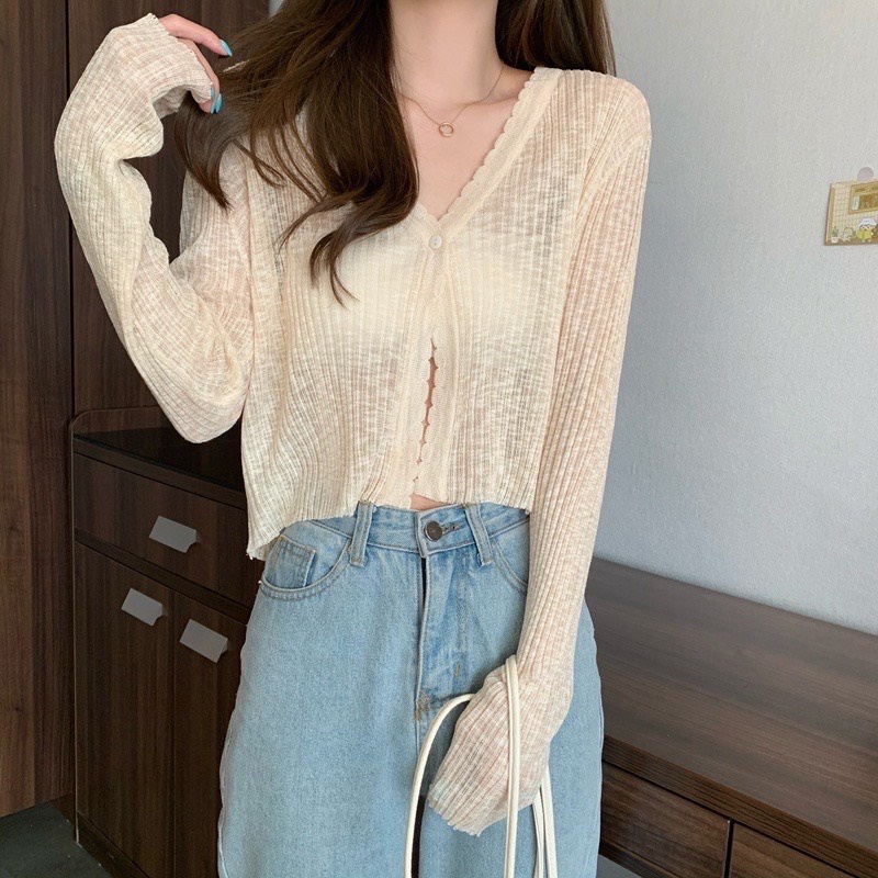 Áo cardigan, áo khoác mỏng một khuy tay dài dáng ngắn croptopp trơn basic áo mix với áo 2 dây áo quây thời trang