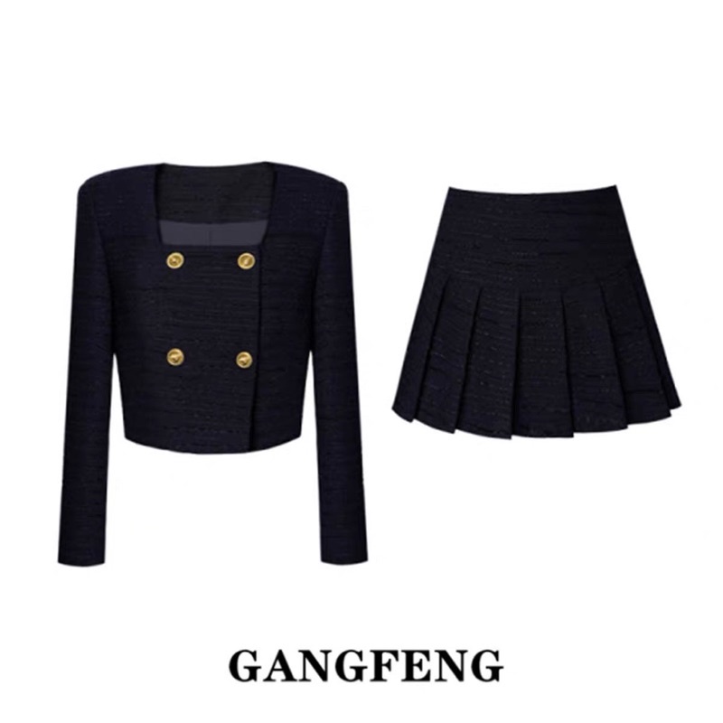 Set áo dạ đen nhũ cổ vuông + chân váy xếp ly khuy vàng siêu xinh⚡  Váy dạ đen hàng 2 lớp dày siêu hot