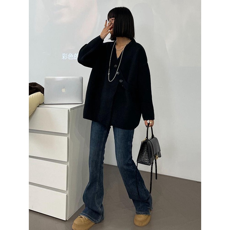 Quần Jean Dài Lưng Cao Dáng Ôm Xẻ Tà Thời Trang Thu Đông Phong Cách Retro Mỹ Mới Cho Nữ