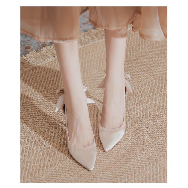 Giày Cao Gót Mũi Nhọn Đính Nơ Xinh Xắn Thời Trang