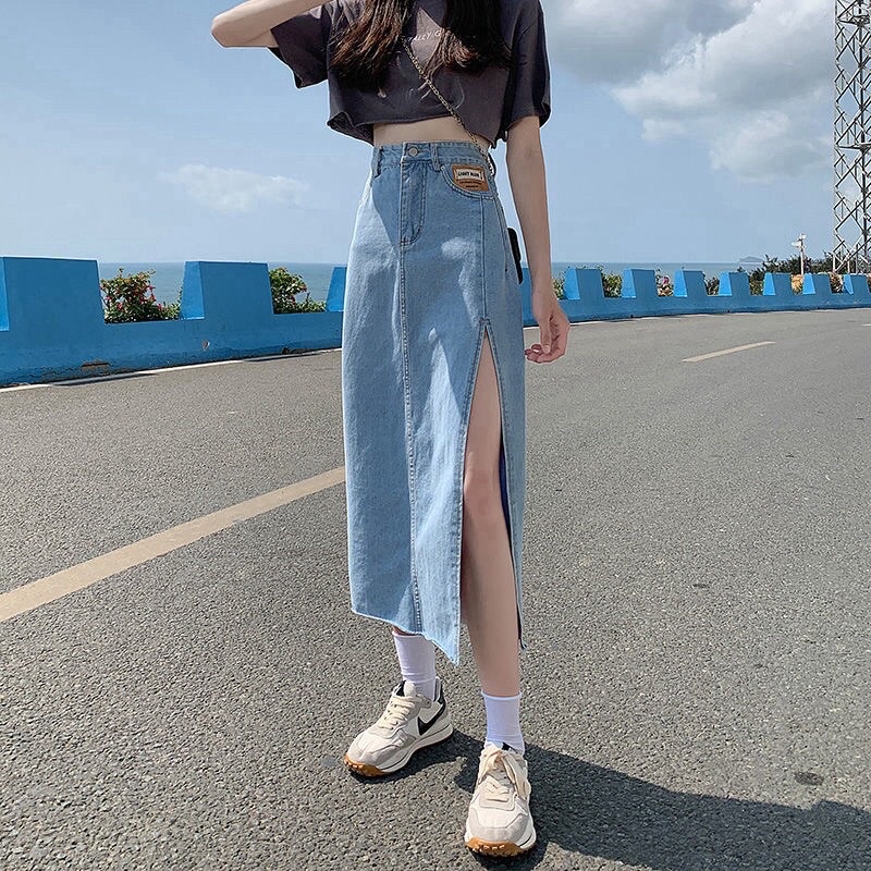 Chân váy jean dài xẻ tà