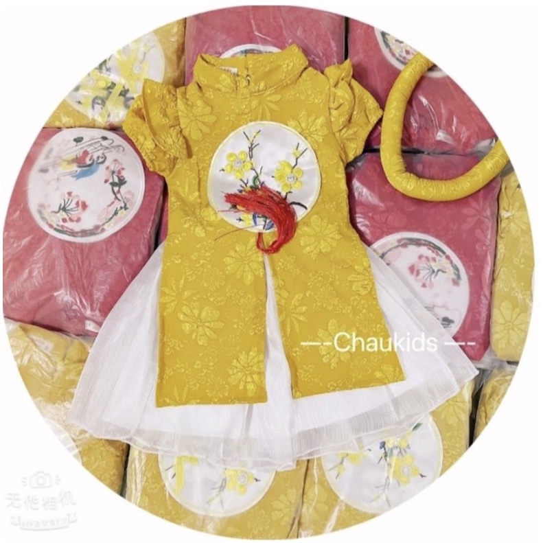 Áo dài cách Tân thêu hoa kèm chân váy trắng tặng mắn siêu xinh cho bé gái - Bm_babyshop68