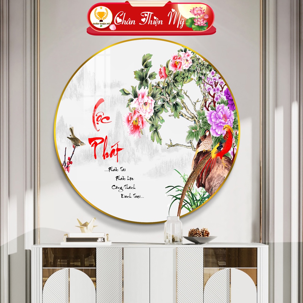 Tranh Tráng Gương Pha Lê Tròn CHÂN THIỆN MỸ, Decor Treo Tường Trang Trí Phòng Chữ Lộc Phát Thư Pháp TG-T1-145