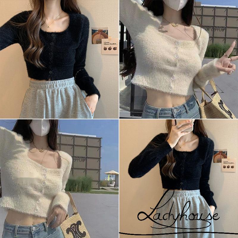 Áo Sweater Lông Cổ Vuông Tay Dài Màu Trơn Cài Nút Thời Trang Thường Ngày Cho Nữ