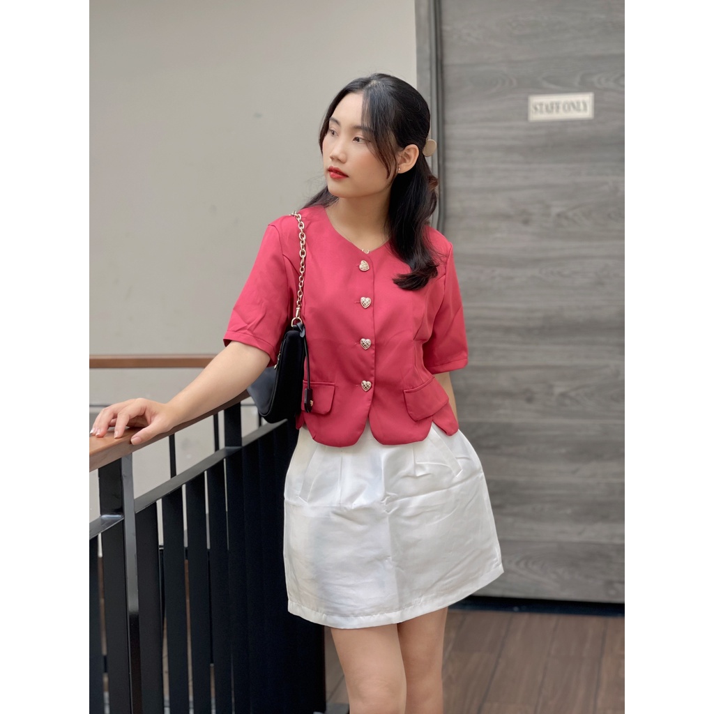 (HÀNG SẴN) Áo sơmi dáng croptop tay lở - Áo Khoác phối nút đồng &amp; túi giả xinh xắn mặc được nhiều kiểu