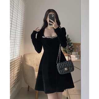 Váy- Đầm nhung cổ vuông đính đá dáng xoè