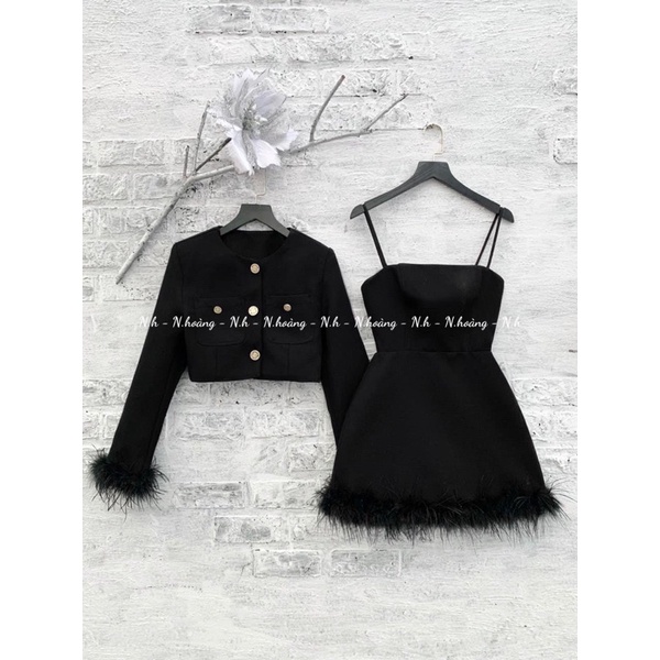 Set váy 2 dây kèm áo khoác chất dạ mịn dày dặn hàng Quảng Châu cao cấp