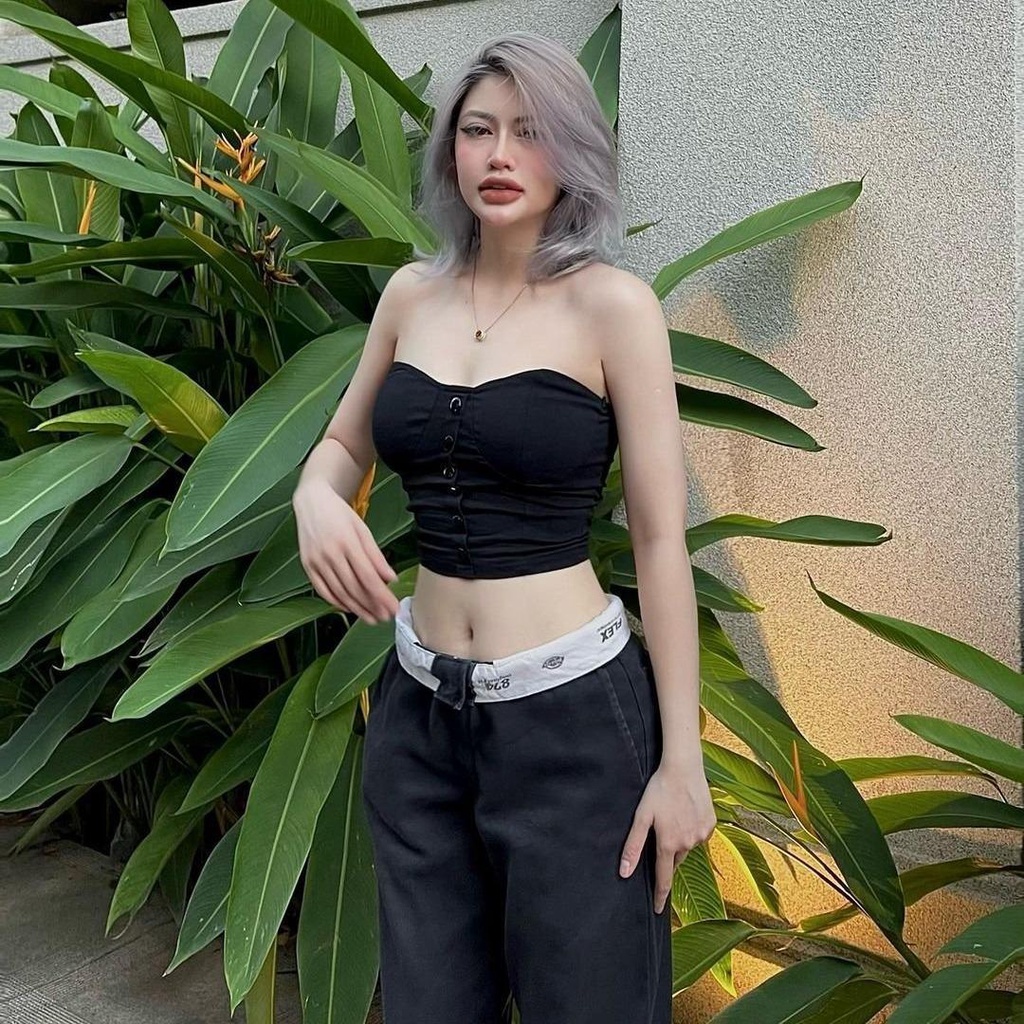 Áo Ống Đen Trơn Nút  Ôm Body, Áo Quây Co Giãn Đơn Giản Ulzzang Hot Trend Y2k