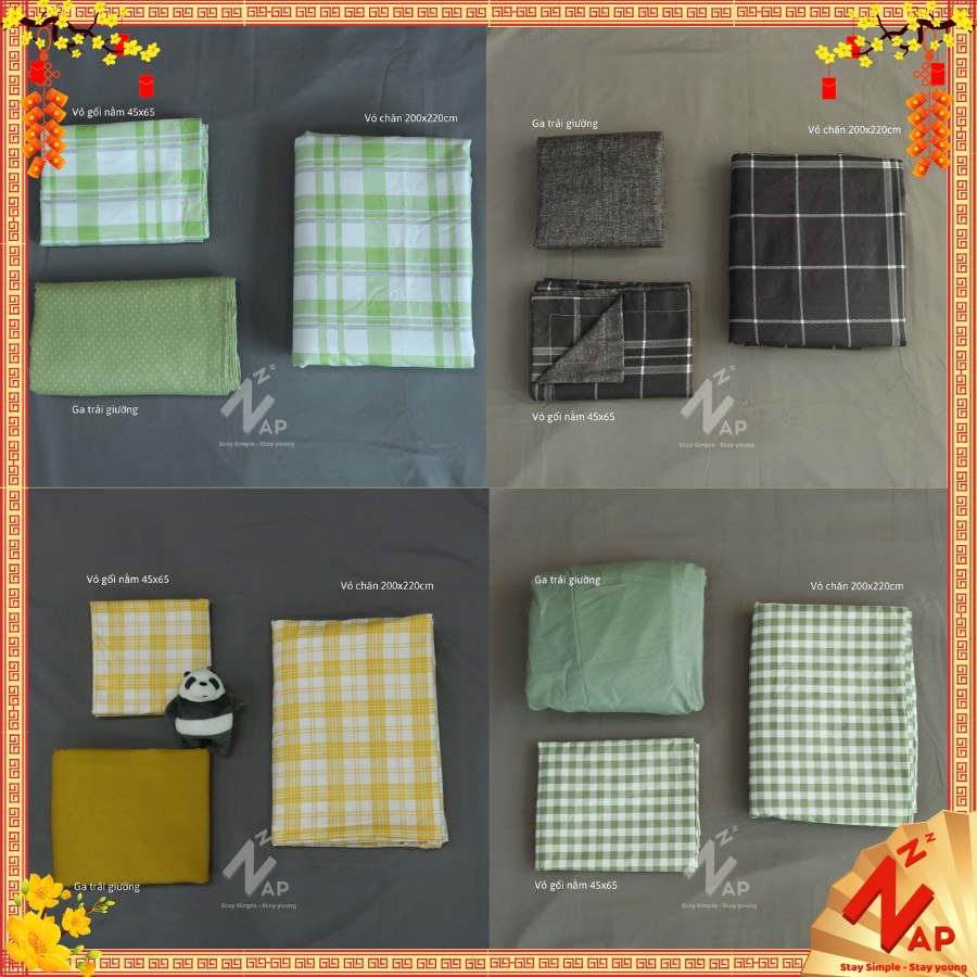 Bộ 4 Món Chăn Ga Gối Cotton 80% Basic Caro Kẻ Cá Tính Dày Dặn Mềm Mịn Cao Cấp Size m6 m8 2m2 Napbedding