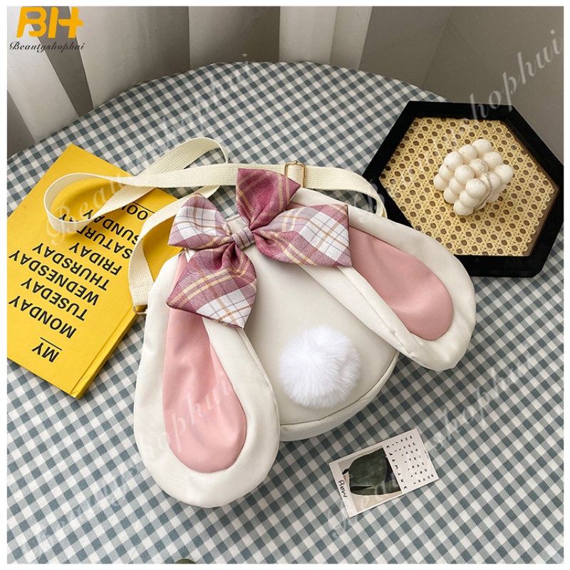 Túi Đeo Chéo Vải Canvas Đính Nơ Tai Thỏ Dễ Thương Thời Trang Cho Bạn Gái