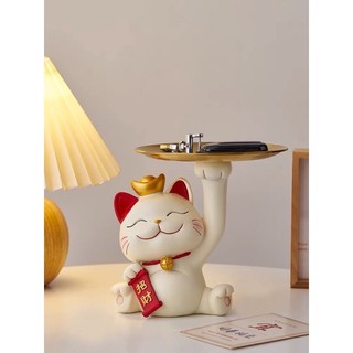 Tượng mèo thần tài bưng đĩa để bàn - tượng mèo cầm đĩa đựng đồ may mắn trang trí nhà cửa Tết