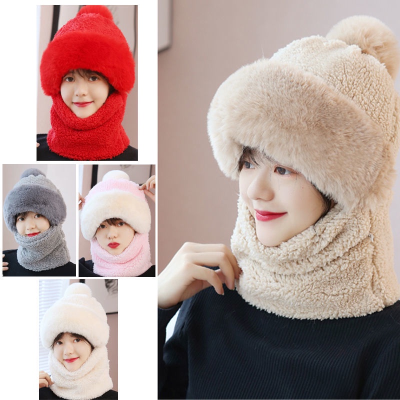 Mũ Beanie Trùm Đầu Kèm Khăn Choàng Cổ Bằng Vải Lông Cừu Giữ Ấm Mùa Đông Dành Cho Nữ