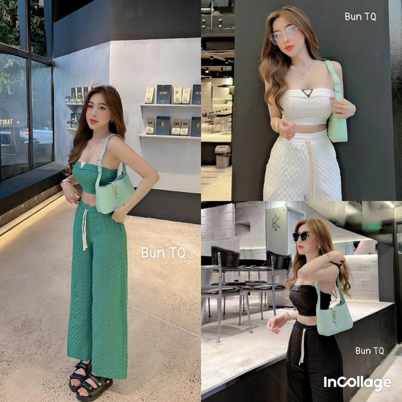 Sét bộ đồ nữ đi chơi đi biển gân nổi phối áo croptop trễ vai cá tính kèm quần tôn dáng trẻ trung sang trọng Vip34