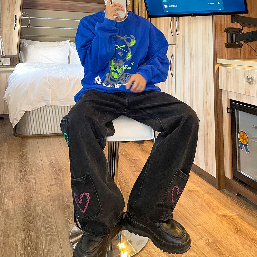 Quần jean COZOKC lưng cao in họa tiết cá tính hợp thời trang