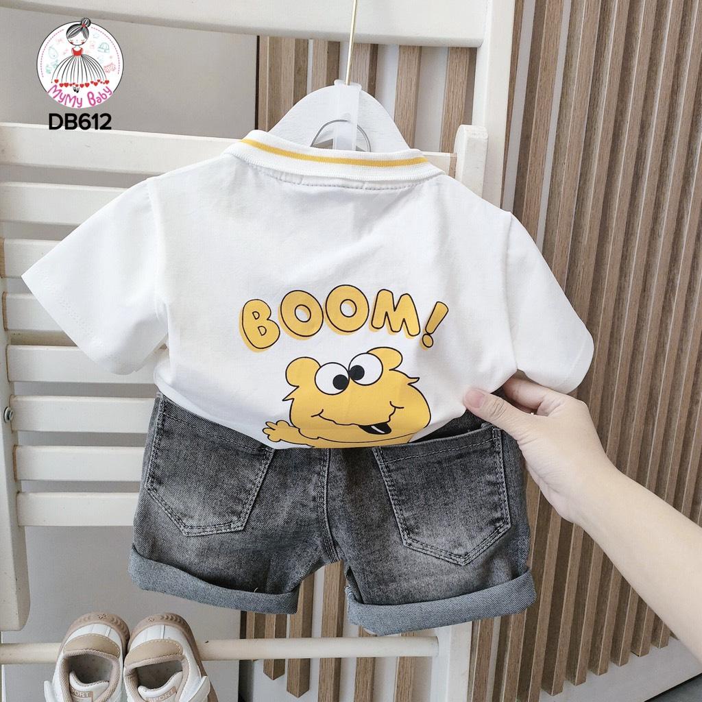 Đồ bộ BOOM cổ polo kèm quần jean chữ mặt cười có 2 màu trắng và vàng