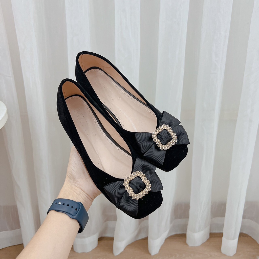 Giày búp bê nữ mũi vuông phối nơ khóa viền chất nhung đi cực êm