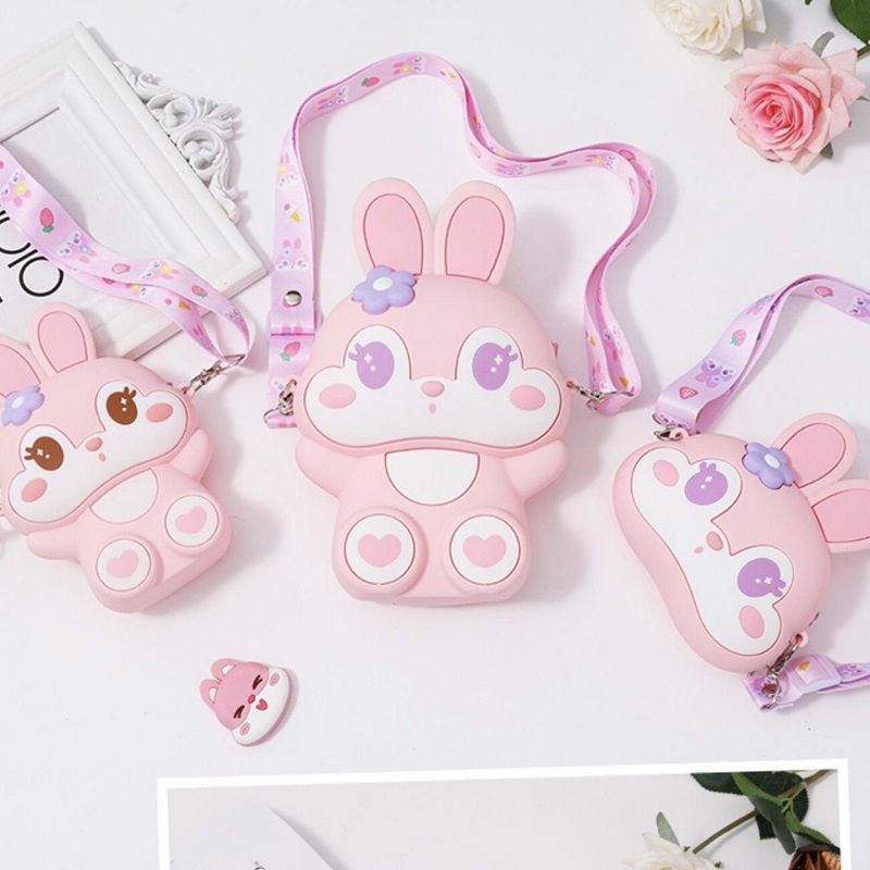 TÚI ĐEO CHÉO CHO BÉ GÁI HÌNH THỎ CUTE, TÚI DA SILICON ĐỰNG LIXI CHƠI TẾT CHO CÁC BÉ