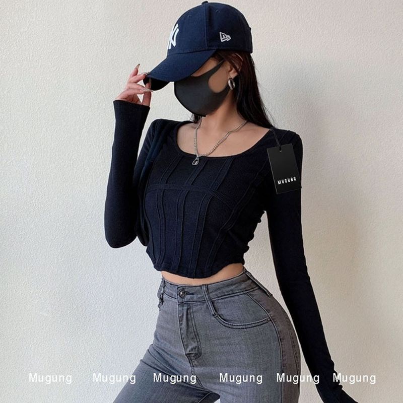 Áo croptop tay dài cổ vuông Mugung Áo croptop kiểu vạt bầu có sọc nẹp chất thun gân A77