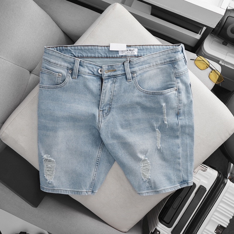 Quần short jean nam rách ống ôm nhẹ hàng xuất khẩu cao cấp jean co giãn trên gối