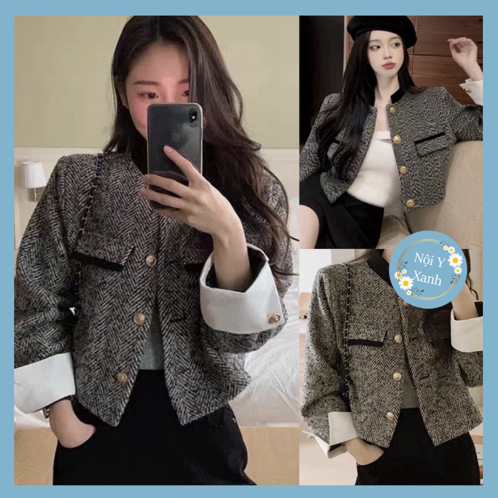 áo khoác dạ twee 2 lớp dáng croptop phối trắng tay cúc đồng vương quyền  A12 Nội Y Xanh hot trend thu đông ấm áp