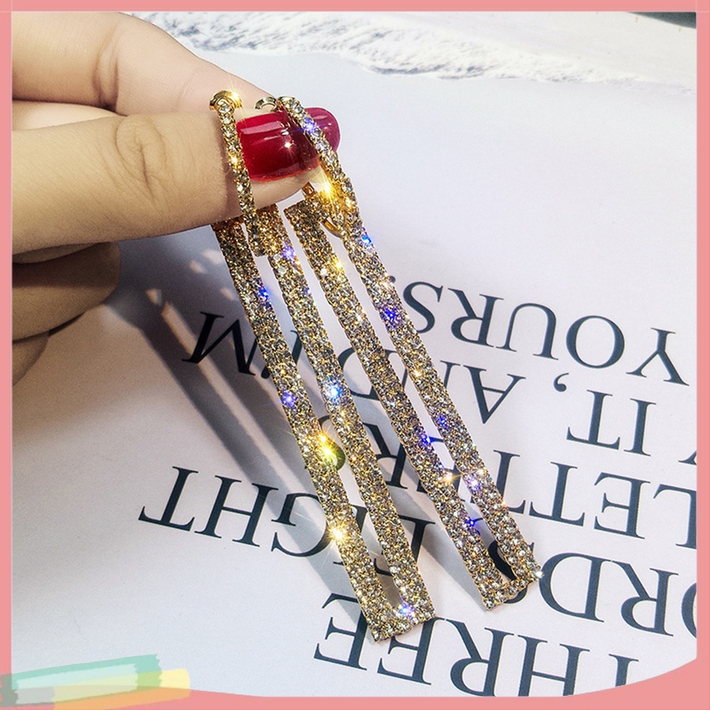 Khuyên tai nữ dáng dài đính đá dáng chữ nhật rỗng