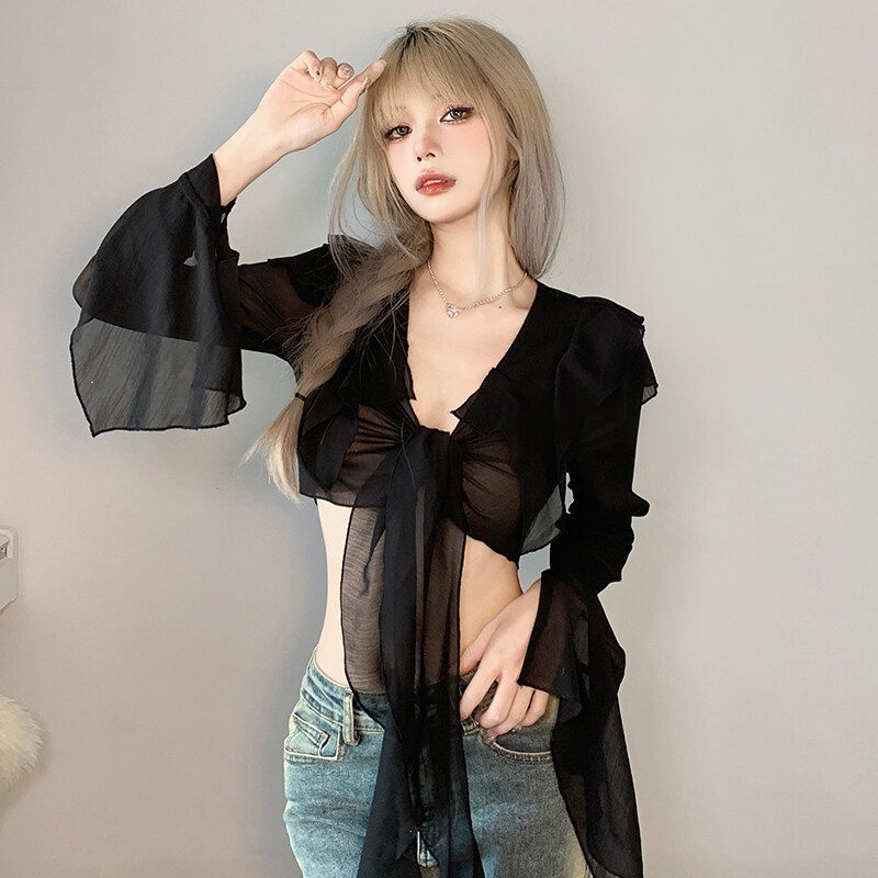 Weird Puss Áo kiểu croptop tay dài loe cổ chữ V thời trang quyến rũ dành cho nữ